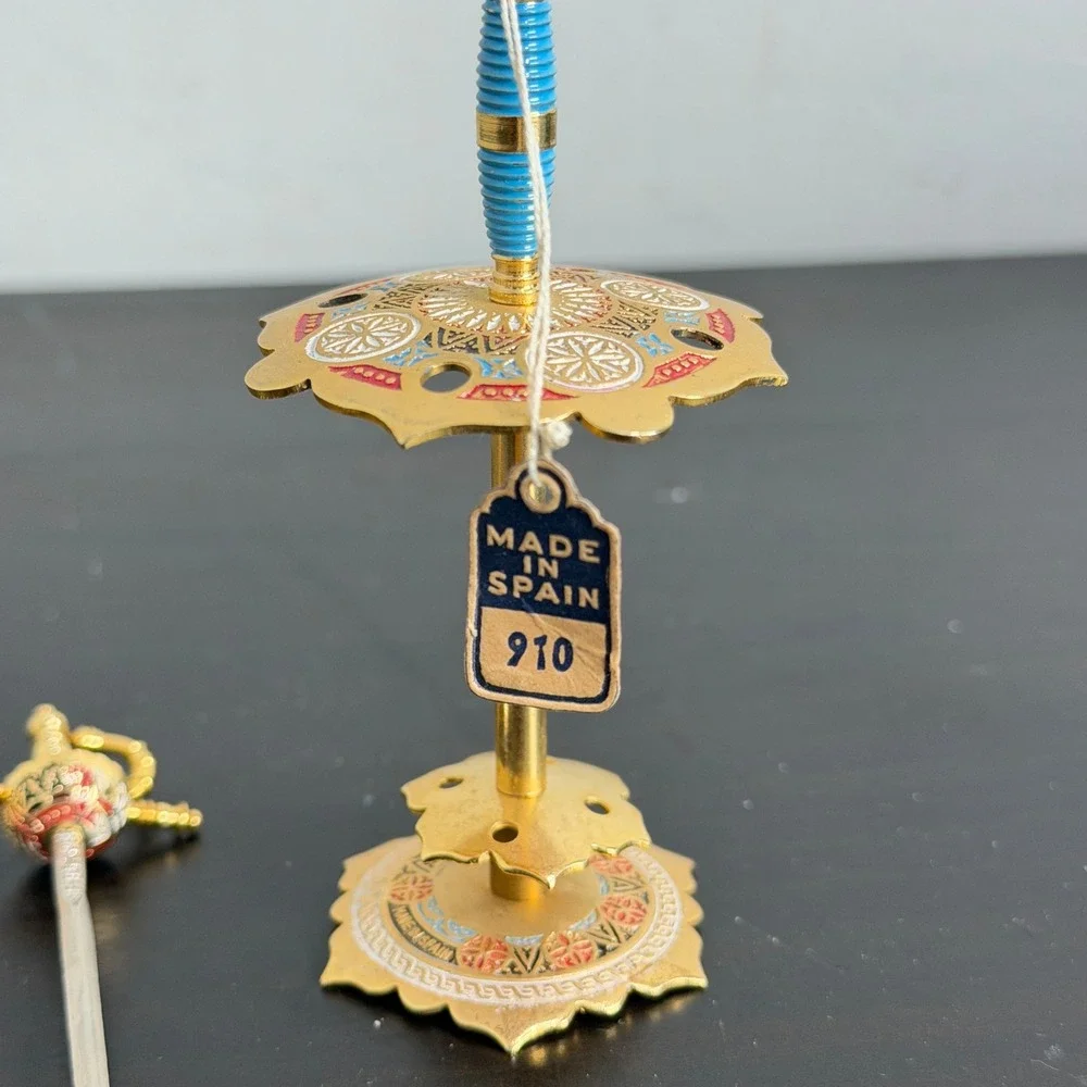Vintage Toledo Spanish Mini Sword Cocktail Pick Set 4 Picks Stand Made in Spain